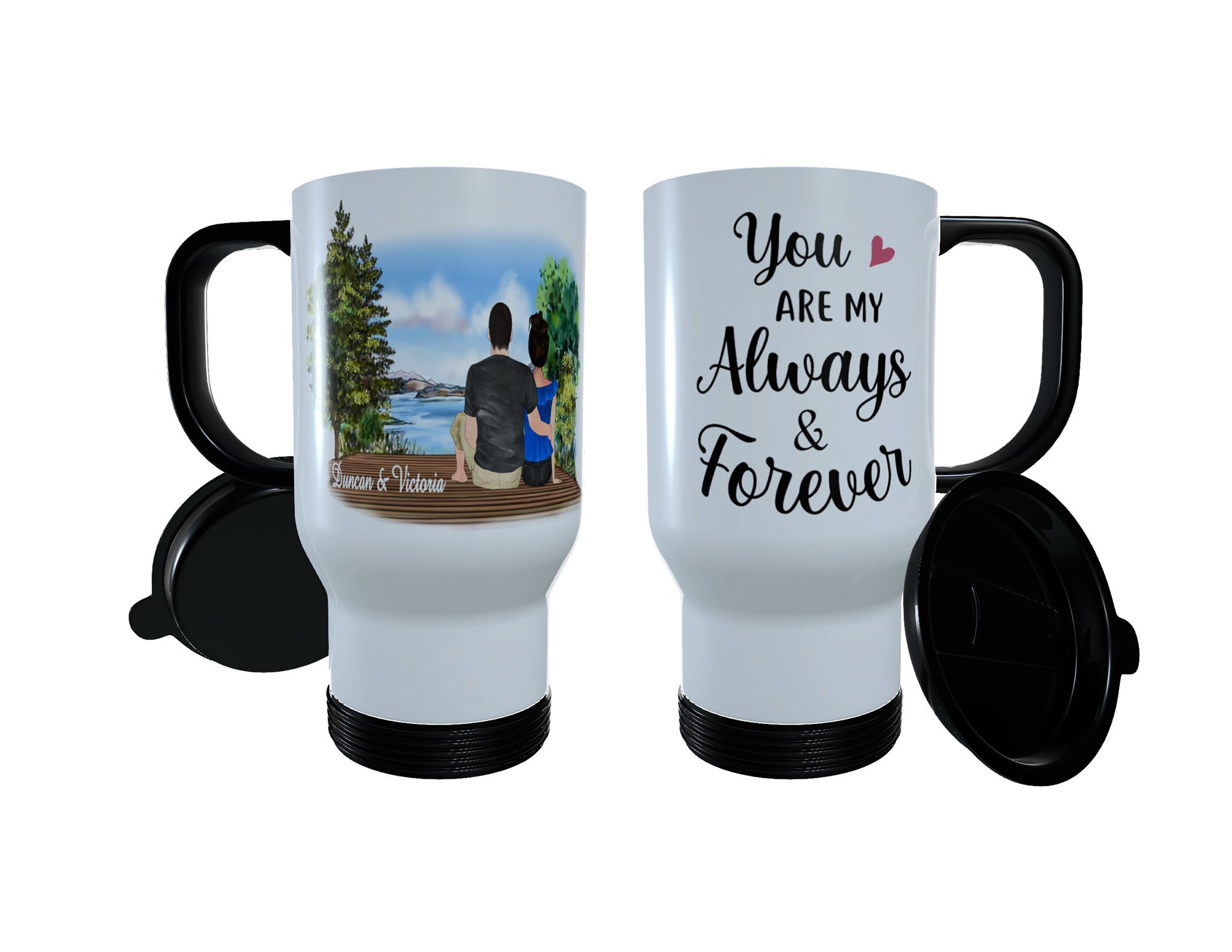 Romantic Couple Lakeside Travel Mug, Custom Couples Thermos Mug, - Click Image to Close